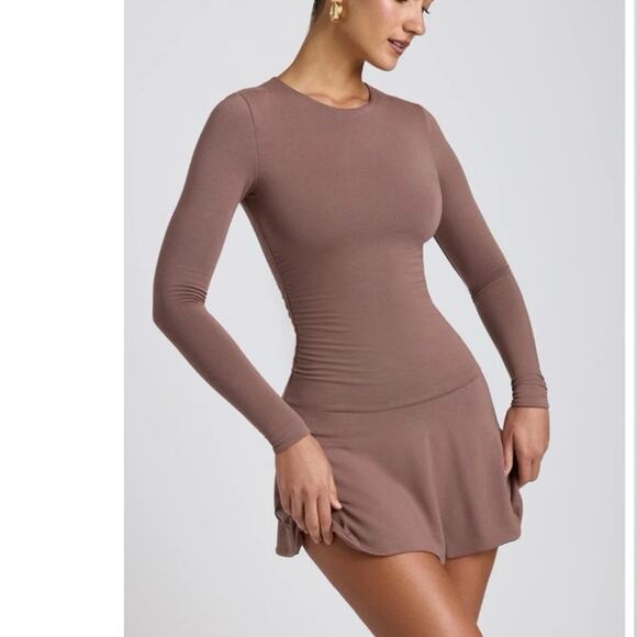 Oh Polly NEW Coco Modal Ruched Crew Neck Mini Dress in Taupe Medium - Picture 10 of 10